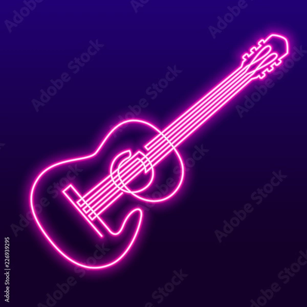 Fototapeta Neon pink light lamp continuous line drawing of acoustic guitar vector. Musical instrument single line for decoration, design, invitation jazz festival, music shop