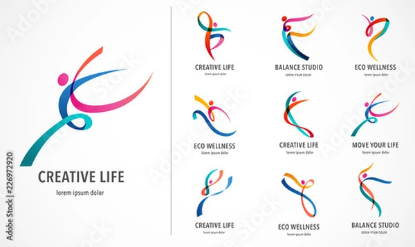 Obraz Projektowanie logo streszczenie ludzi. Siłownia, fitness, kolejny trener wektor kolorowe logo. Aktywna fitness, sport, taniec ikona sieci web i symbol