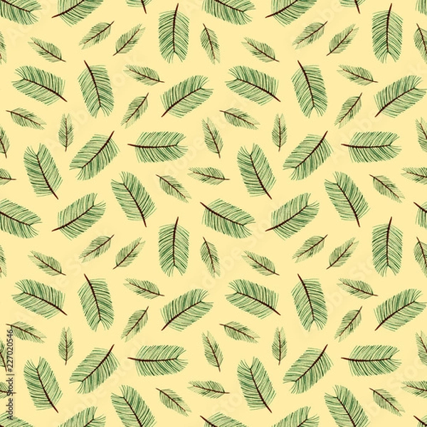 Obraz watercolor pine branches seamless pattern on yellow background.