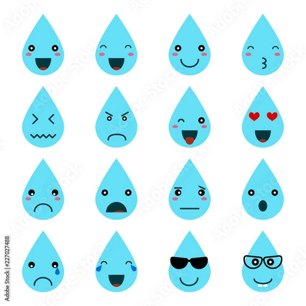 Obraz Emotion icons set, smile vector illustration. Different emotions raindrop character, icon isolated collection for chats and stickers. oncept for cards or banners