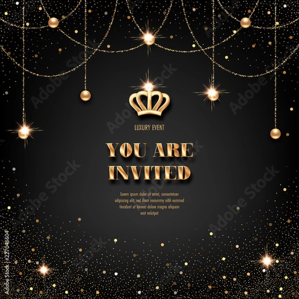 Fototapeta VIP invitation template with golden crown, confetti and sparkling beads on black background