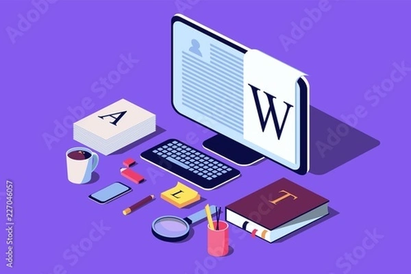 Obraz Isometric Concept for Blog, Blogging concept, post, content strategy, social media, chatting. Vector illustration for web page, social media, documents, cards, posters.