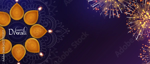 Fototapeta Purple Happy Diwali banner with oil lamps and fireworks.