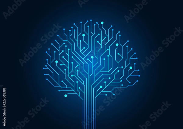 Fototapeta Circuit board symbol tree shape. Abstract background blue color technology concept. Vector illustration dots and lines social network and 