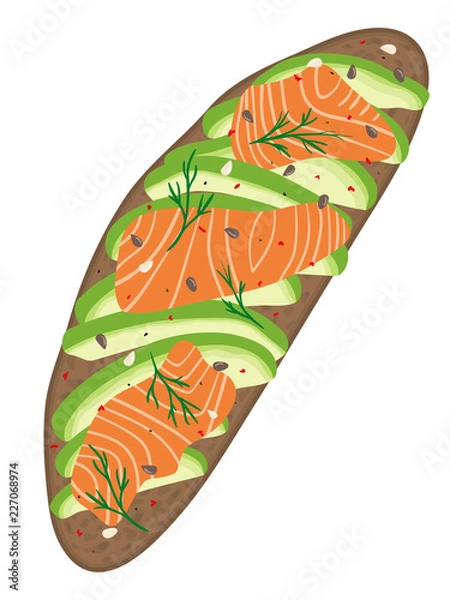 Fototapeta Delicious avocado and salmon sandwich isolated on white background. Fresh dark rye rustic bread loaf with slices of ripe avocado and salmon. Vector hand drawn illustration. 
