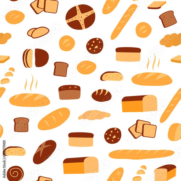 Fototapeta Vector seamless pattern of different kinds of bread. Bakery prod