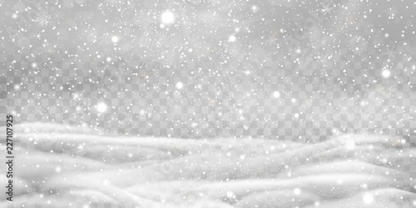 Fototapeta Falling Christmas Shining transparent beautiful, little snow with snowdrifts isolated on transparent background. Snowflakes, snow background. Heavy snowfall, snowflakes in different shapes and forms.