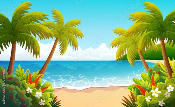 Fototapeta Tropical island vector illustration. Beach with palm trees, bushes and flowers.