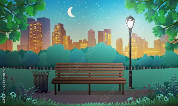 Fototapeta Vector illustration of bench and streetlight in city park with skyscrapers background at night.