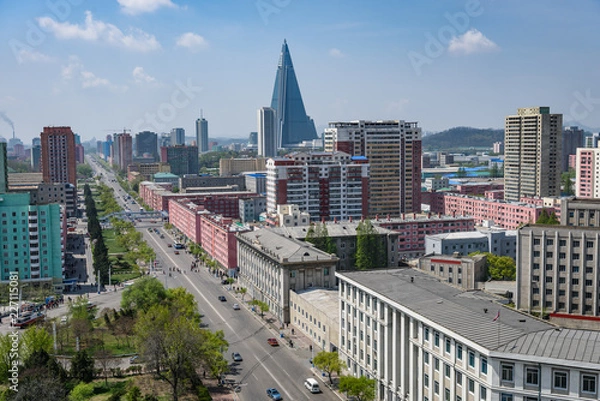 Obraz Pyongyang city scape, skyline of Pyongyang in North Korea, capital of DPRK (Democratic people's republic of Korea), road, cars and skyscrapers
