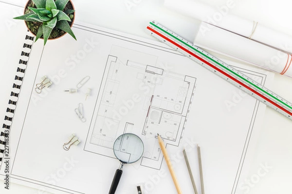 Obraz Interior designer table workplace with house plan