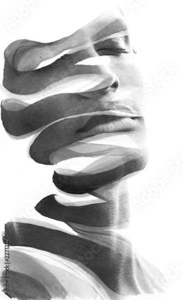 Fototapeta Paintography. Double Exposure portrait of an attractive man's face combined with hand drawn ink painting, black and white