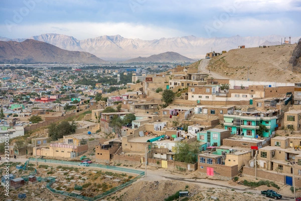 Obraz Kabul Afghanistan city scape skyline, mosque and Kabul hills mountains with houses and buildings