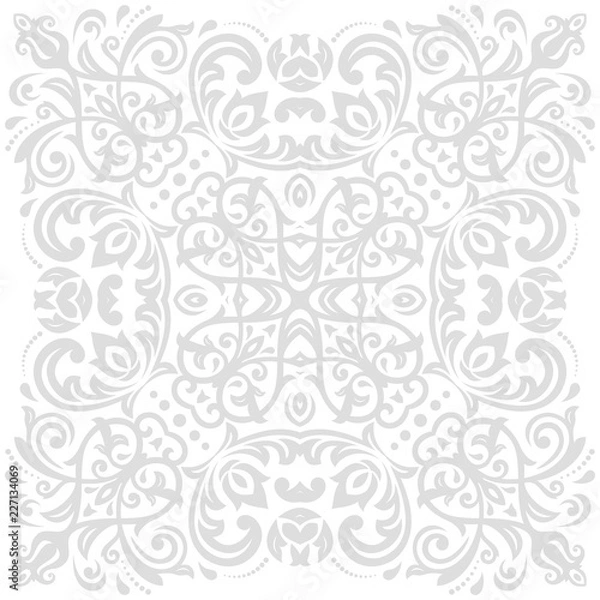 Fototapeta Oriental vector pattern with arabesques and floral elements. Traditional classic light silver ornament. Vintage pattern with arabesques