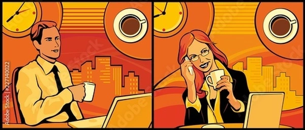 Fototapeta Office worker drinking coffee and checking on her computer