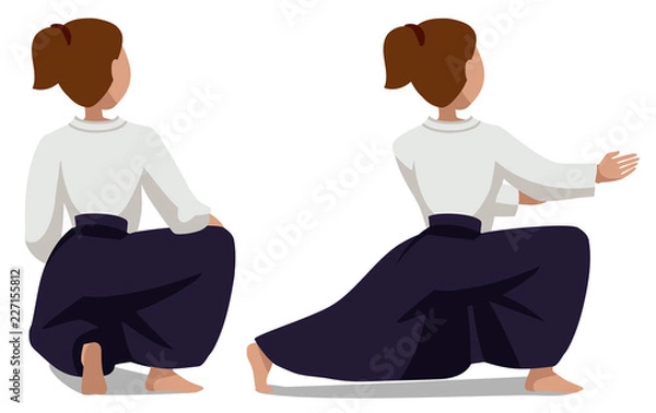 Fototapeta Vector illustration of a woman in hakama. The basic movement Suvari-vaza Mae-sikko view from the back. Suitable for oriental martial arts such as aikido, judo, karate, jiu-jitsu, budo