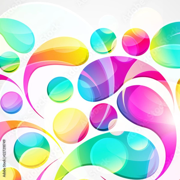 Fototapeta Abstract colorful paisley arc-drop pattern on a white background. Transparent colorful drops and circles design card.  Vector illustration.