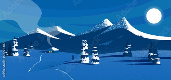 Obraz Blue winter night landscape with mountains and snow.