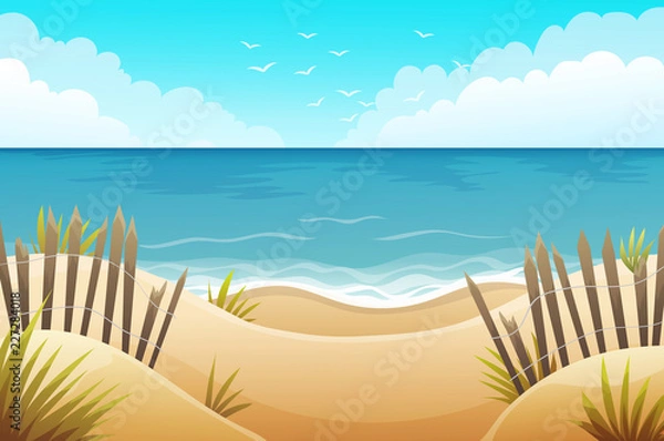 Fototapeta Sceneria piaszczystej plaży z trawiastymi i drewnianymi płotami. Letnia sceneria. Ilustracji wektorowych.