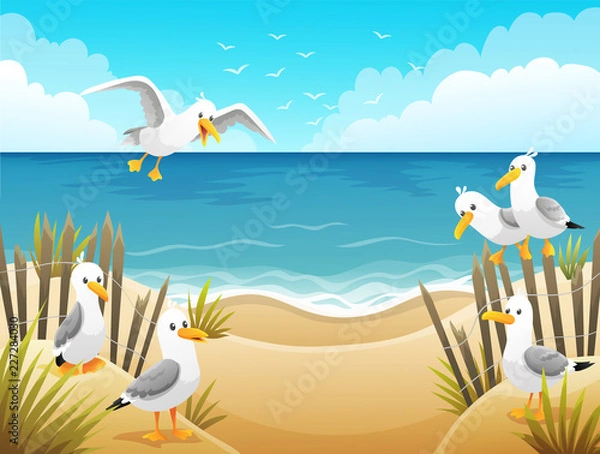 Fototapeta Scenery with seagulls on beach with wood fences and dry grass. Background vector illustration.