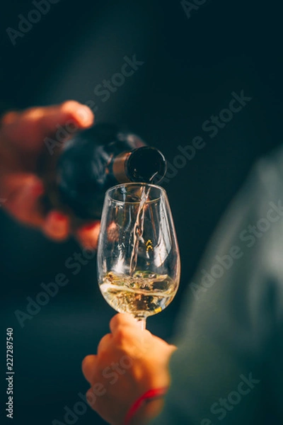 Obraz White wine glass - Front view in wine market - close up tasting 