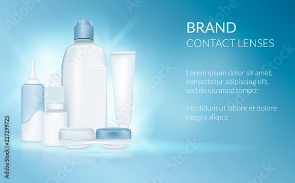 Obraz Eye contact lens. Realistic set of lenses, solution, drops, case, bottle. Design template. Medical and cosmetic illustration