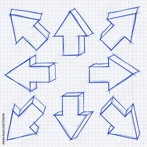 Fototapeta Arrows in all directions. Grunge technique hand drawn sketch. On lined paper background