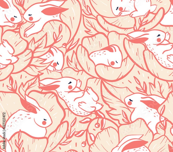 Fototapeta Where the bunnies sleep (strawberry cream) - seamless pattern