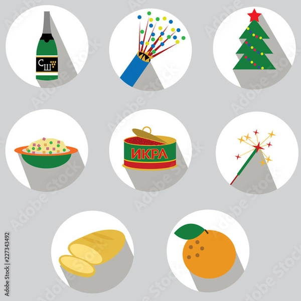 Fototapeta Set of flat New Year icons in russian style.