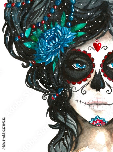 Fototapeta mexican catrina scull illustration in watercolor style. Dia de los muertos day. Halloween poster background, greeting card or other design on white backdrop