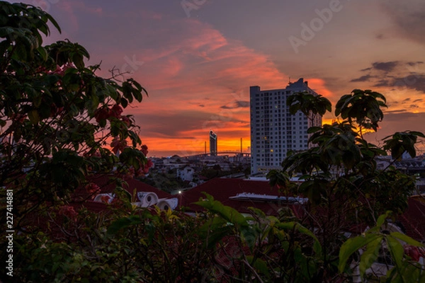 Fototapeta Bangkok: 27 September 2018, evening light from the residence, overlooking the Chao Phraya River, high rise building in Rama 3, Thailand.