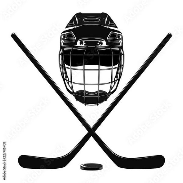 Obraz Vector image of a hockey helmet with sticks and puck.