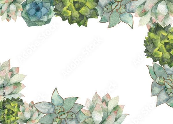 Obraz Watercolor frame of colorful cacti and succulents.