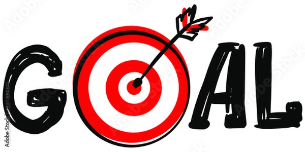 Fototapeta doodle hand drawn Word Goal with Dartboard target and arrow symbol instead of letter O isolated on white background. Vector illustration
