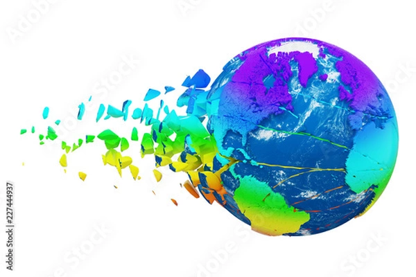 Fototapeta Broken shattered planet earth globe isolated on white background. Rainbow realistic world with particles and debris.