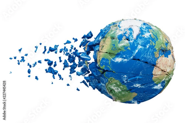 Fototapeta Broken shattered planet earth globe isolated on white background. Blue and green realistic world with particles and debris.