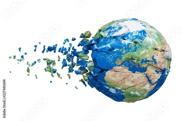 Fototapeta Broken shattered planet earth globe isolated on white background. Blue and green realistic world with particles and debris.