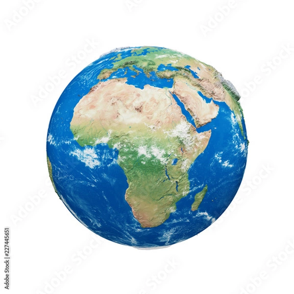 Fototapeta Planet earth globe isolated on white background. Blue and green realistic world. Earth day celebration.