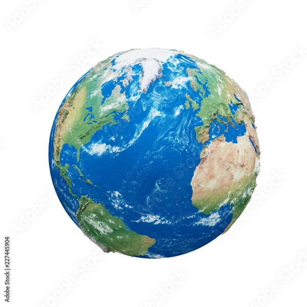 Fototapeta Planet earth globe isolated on white background. Blue and green realistic world. Earth day celebration.