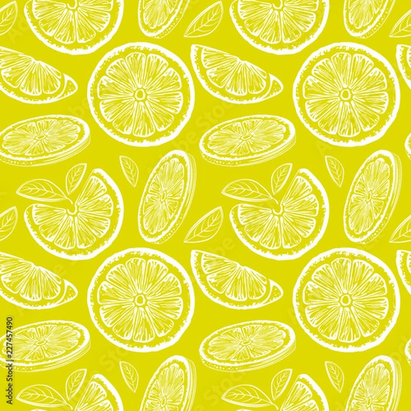 Fototapeta Lemon seamless pattern. Ink sketch lemons. Citrus fruit background. Elements for menu, greeting cards, wrapping paper, cosmetics packaging, posters etc