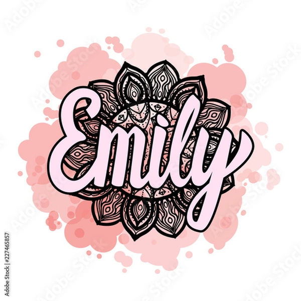 Fototapeta Lettering Female name Emily on bohemian hand drawn frame mandala pattern and trend color stained. Vector illustration fashion style print isolated on white background.