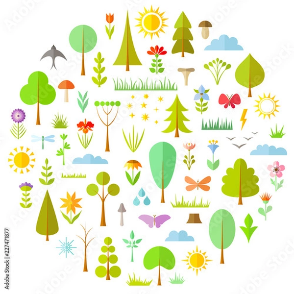Fototapeta Set of vector elements for landscape design. Forest icons in flat style. Trees, grass flowers, birds, insects, bushes, herbs in the shape of a circle.