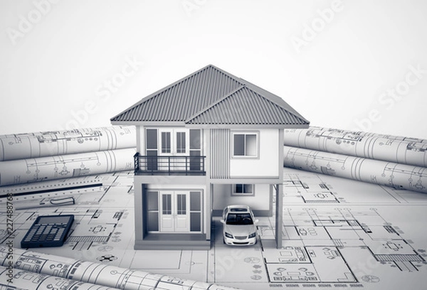 Obraz Construction plans with drawing tools and House, Architectural and engineering housing concept. 3d render