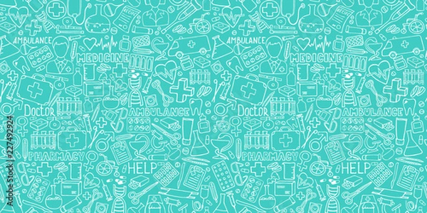 Obraz Medycyna bez szwu doodle wzór do projektowania. Ręcznie rysowane opieki zdrowotnej, apteki, tło kreskówka medyczny. Ilustracje wektorowe eps 10
