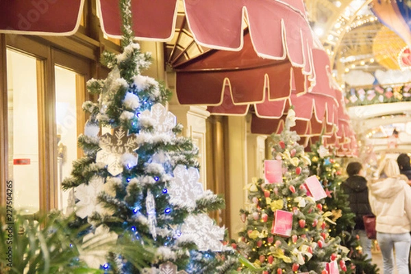 Fototapeta Christmas tree background and Christmas decor. Many different fir trees in the mall,decoration of a restaurant