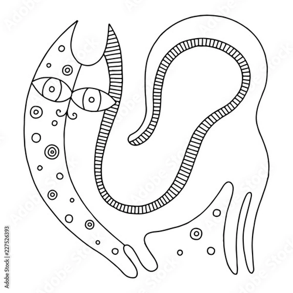 Fototapeta Vector hand drawn black and white illustration of isolated psuchedelic cat with decorative elements, dots.  Line drawing. Picture for coloring. Childlike doodle style