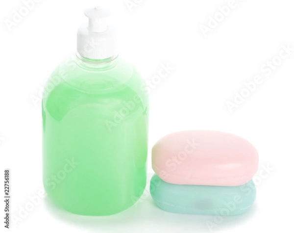 Obraz liquid soap and two bars of toilet soap