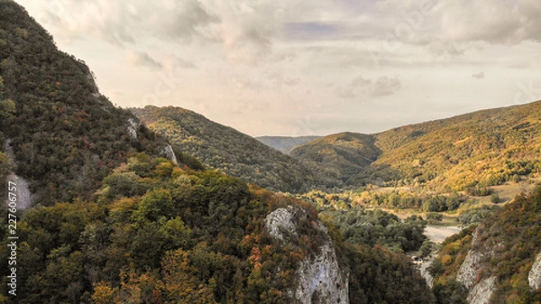 Obraz view of mountains in national park Cheile Nerei Beusnita in Romania. Part of Carpathian mountains with beautiful autumn colors.