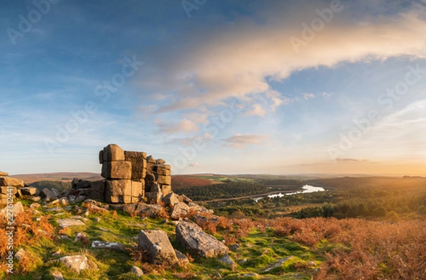 Fototapeta Stunning Autumn sunset landscape image of view from Leather Tor towards Burrator Reservoir in Dartmoor National Park