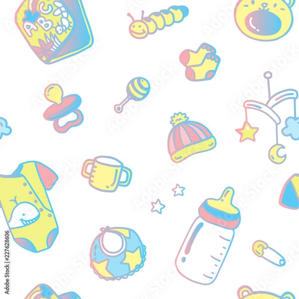 Fototapeta Baby pastel seamless pattern, background with different baby items on a white.
